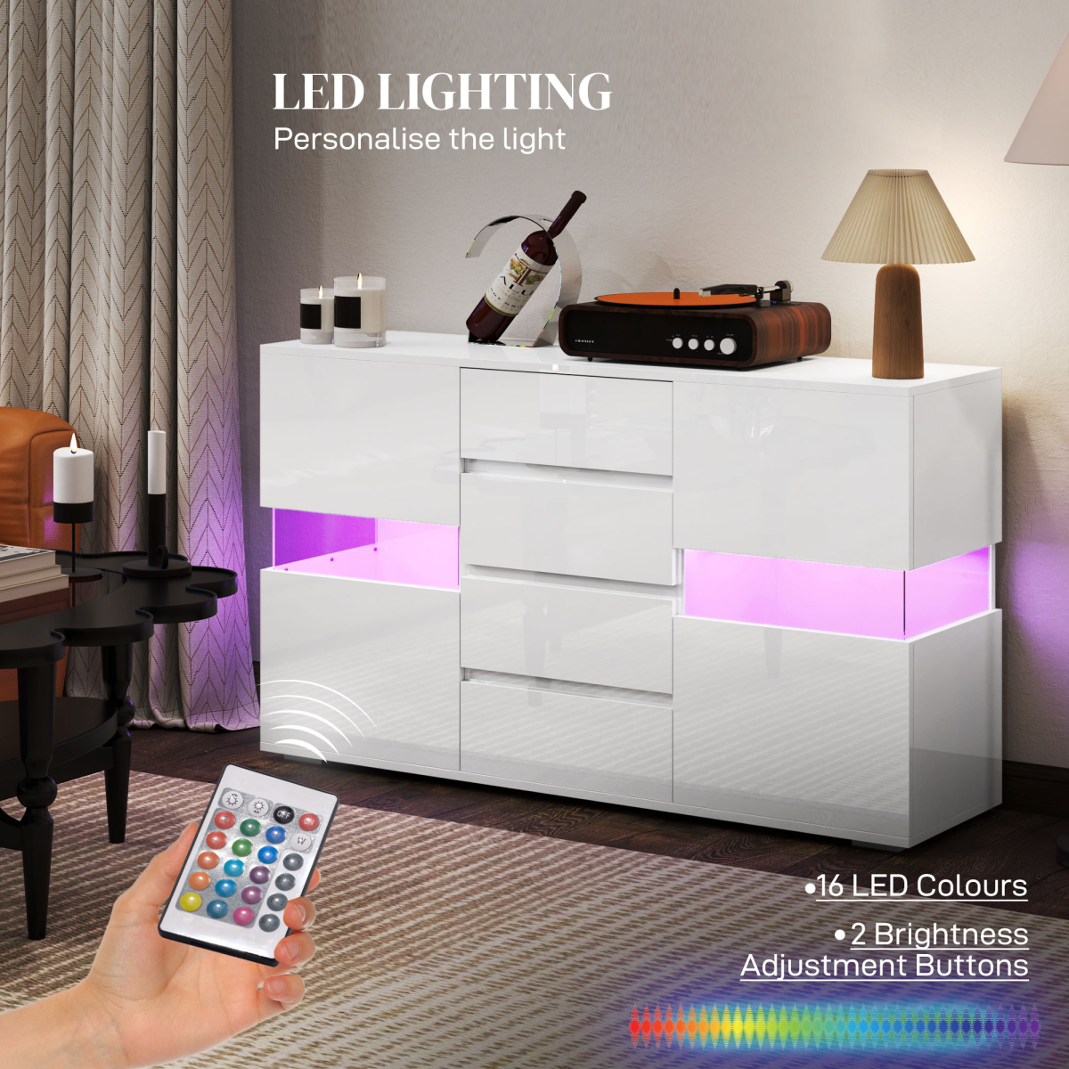 HOMCOM White High Gloss LED Sideboard with 4 Drawers & Cupboards