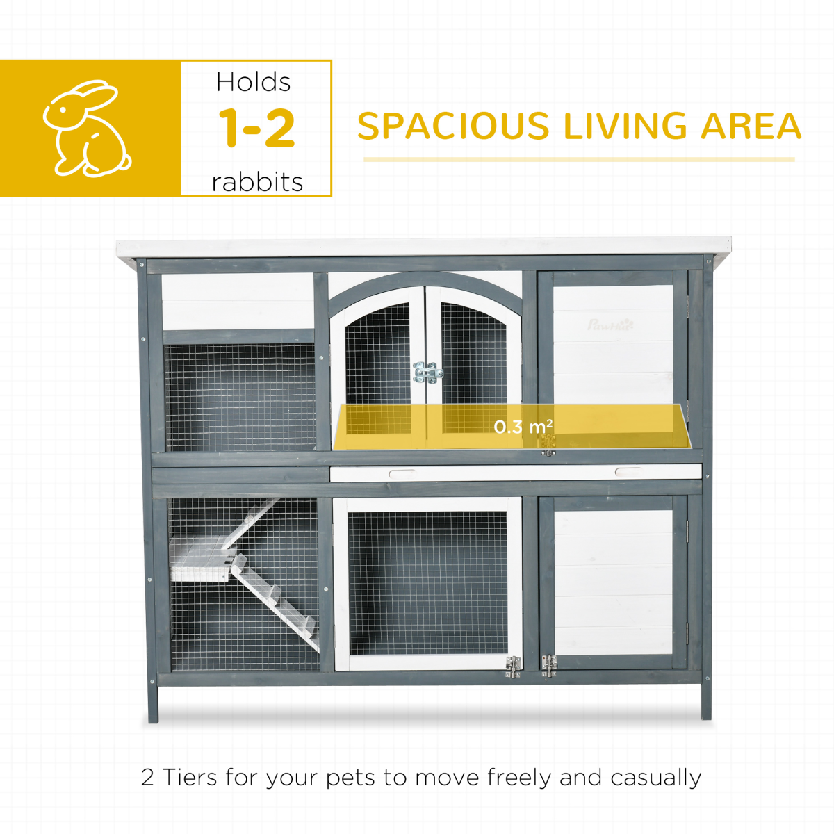 PawHut Two-Tier Wooden Rabbit Hutch with Openable Roof, Pull-Out Tray, Ramps, and Lockable Doors
