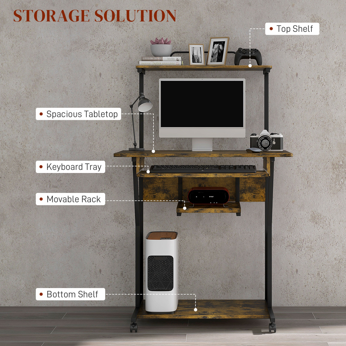 HOMCOM Rolling Computer Desk with Keyboard Tray, Storage Shelves