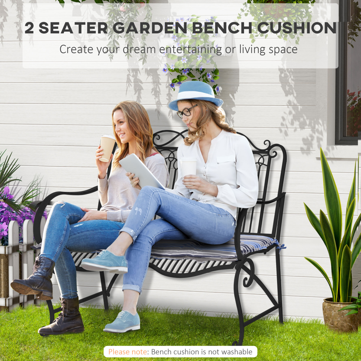 2-Piece Blue Striped Double Seat Patio Bench Cushion Set