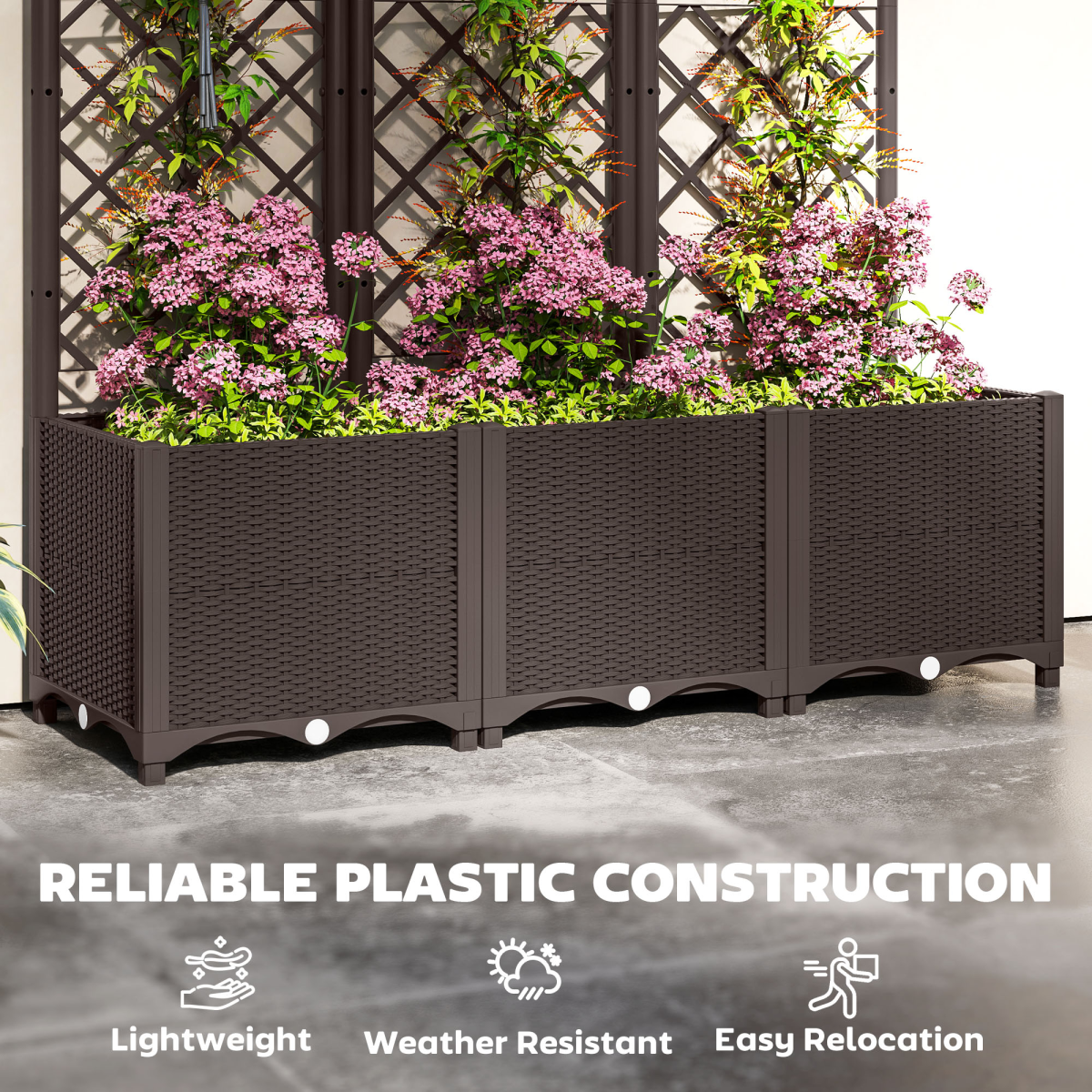 Outsunny Plastic Planter Box with Trellis and Drain Plugs