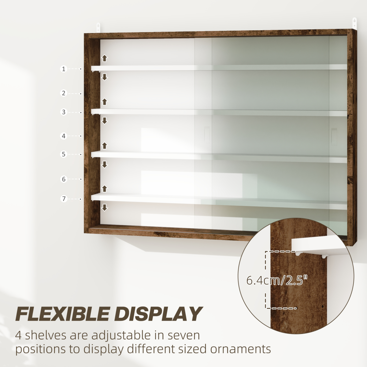 HOMCOM 5-Tier Wall Display Shelf Cabinet with Glass Doors, Rustic Brown