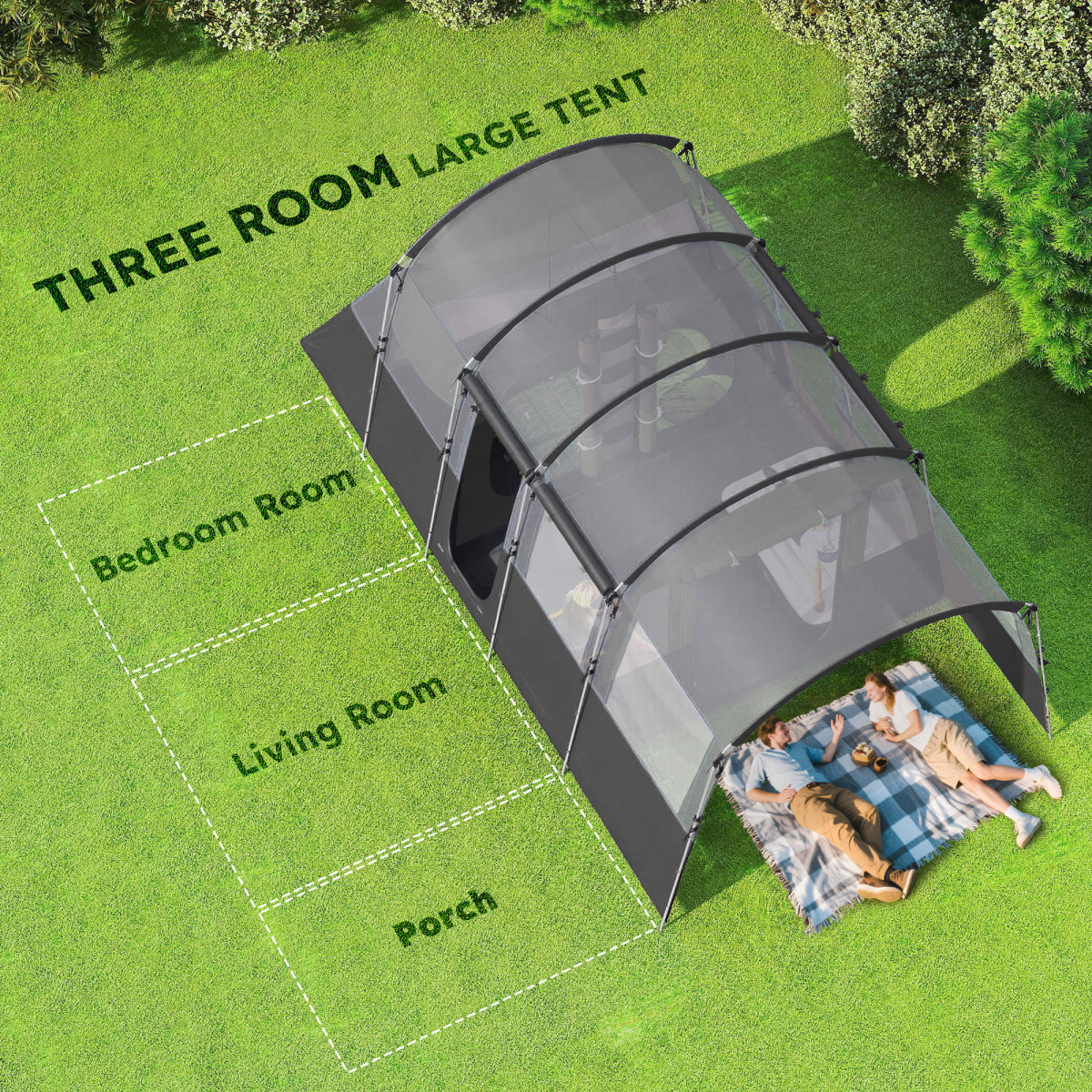 8-Person Camping Tent Tunnel Design with 4 Large Windows Dark Grey