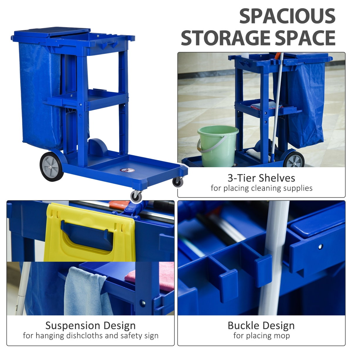 HOMCOM Cleaning Cart on Wheels with 3-Tier Storage, Blue