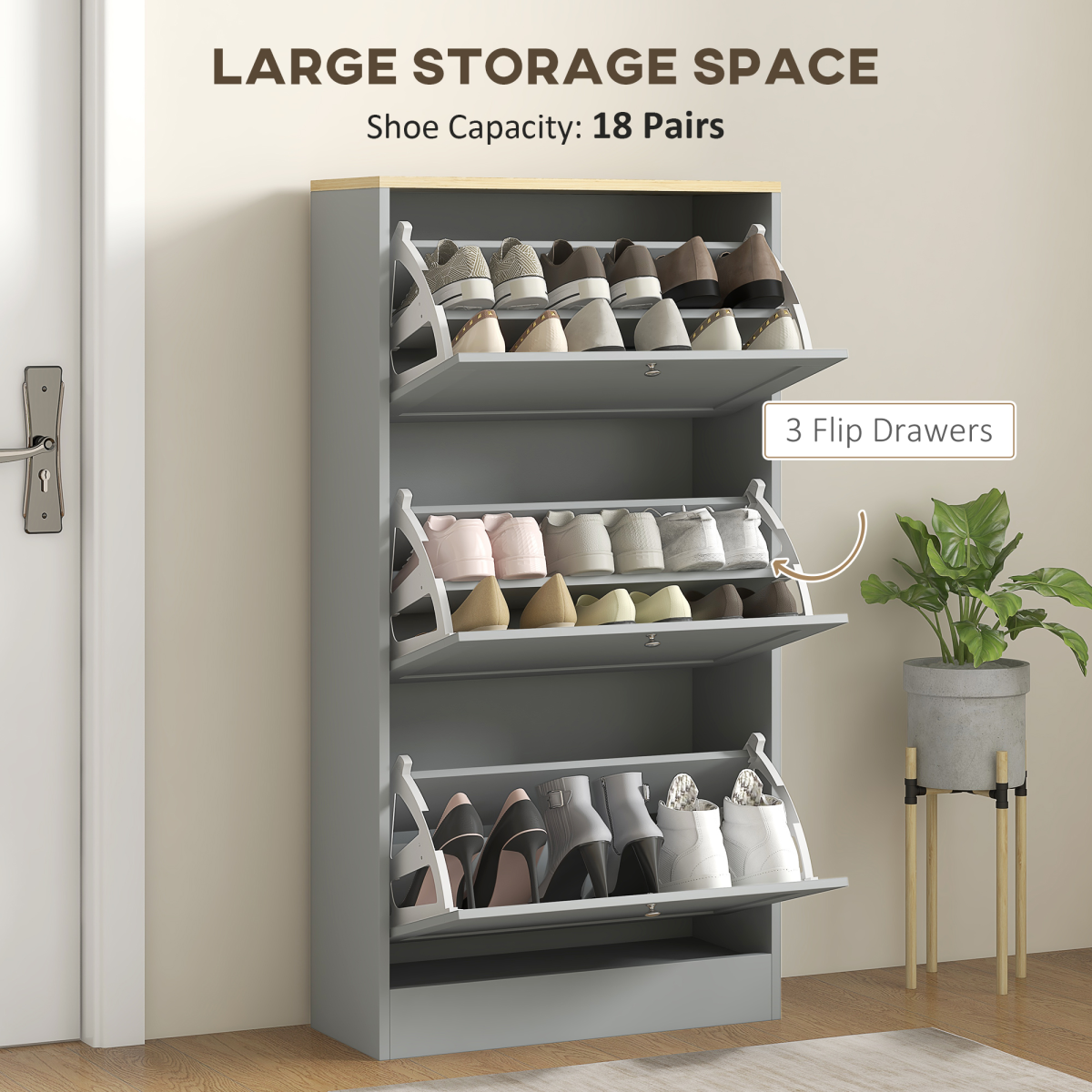 HOMCOM Slim Shoe Cabinet with 3 Flip Drawers, 18 Pairs, Grey