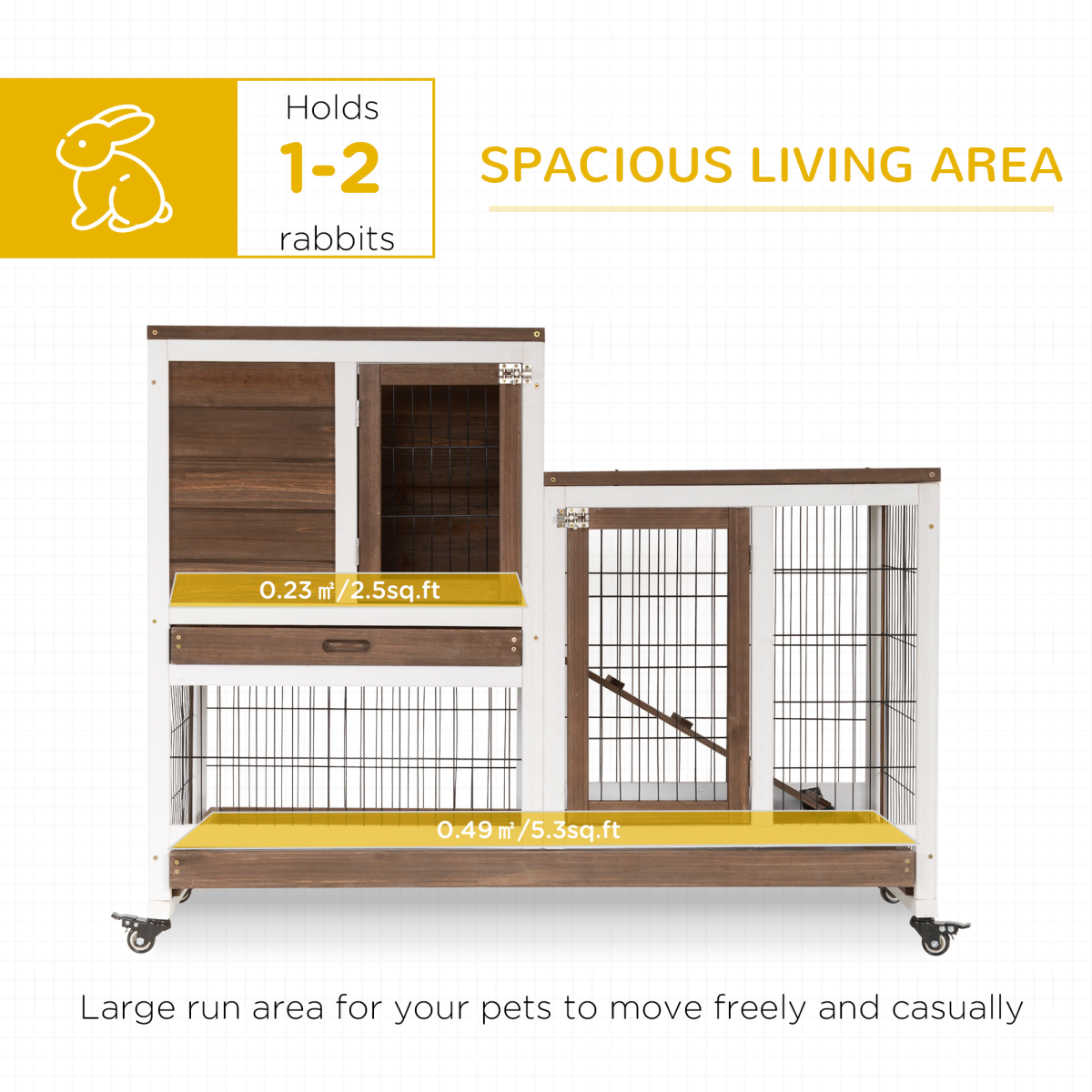 Wooden Rabbit Hutch with Wheels, Indoor Small Pet Cage 110 x 50 x 86cm
