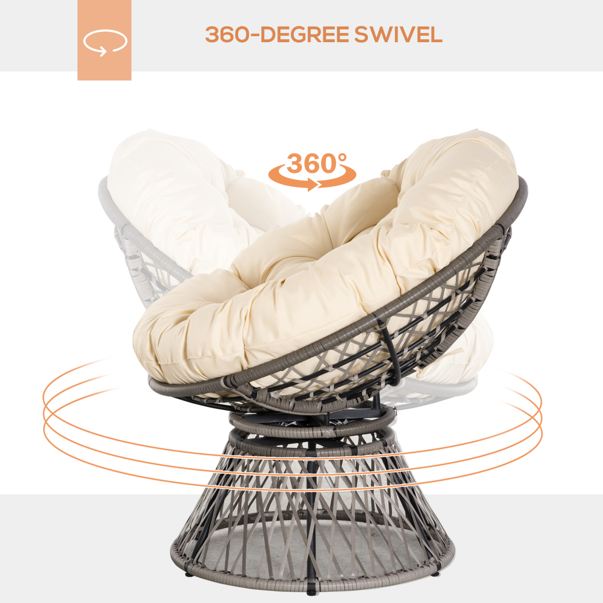 Outsunny 360° Swivel Rattan Papasan Moon Bowl Chair with Padded Cushion, Round Outdoor Garden Chair