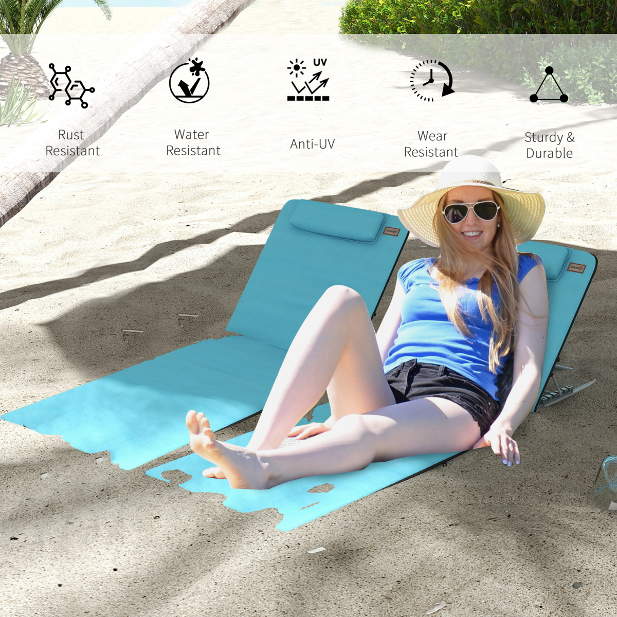 Outsunny 2-Piece Outdoor Beach Mat Steel Reclining Chair Set with Backrest