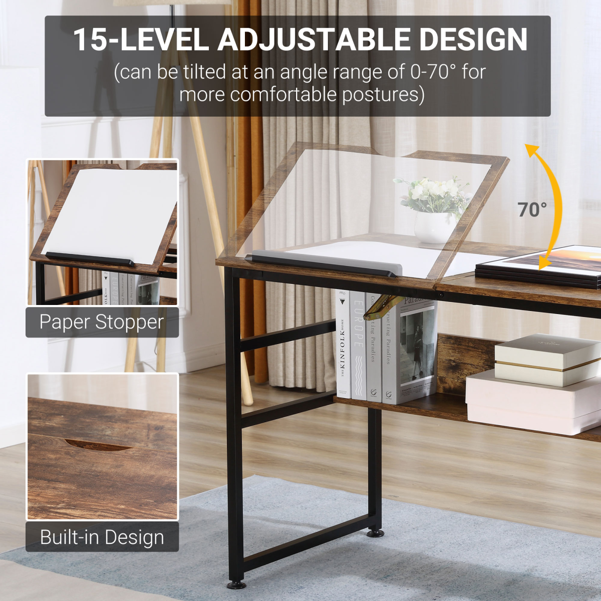 HOMCOM Tiltable Drafting Table Home Office Desk with Shelf, Rustic Brown