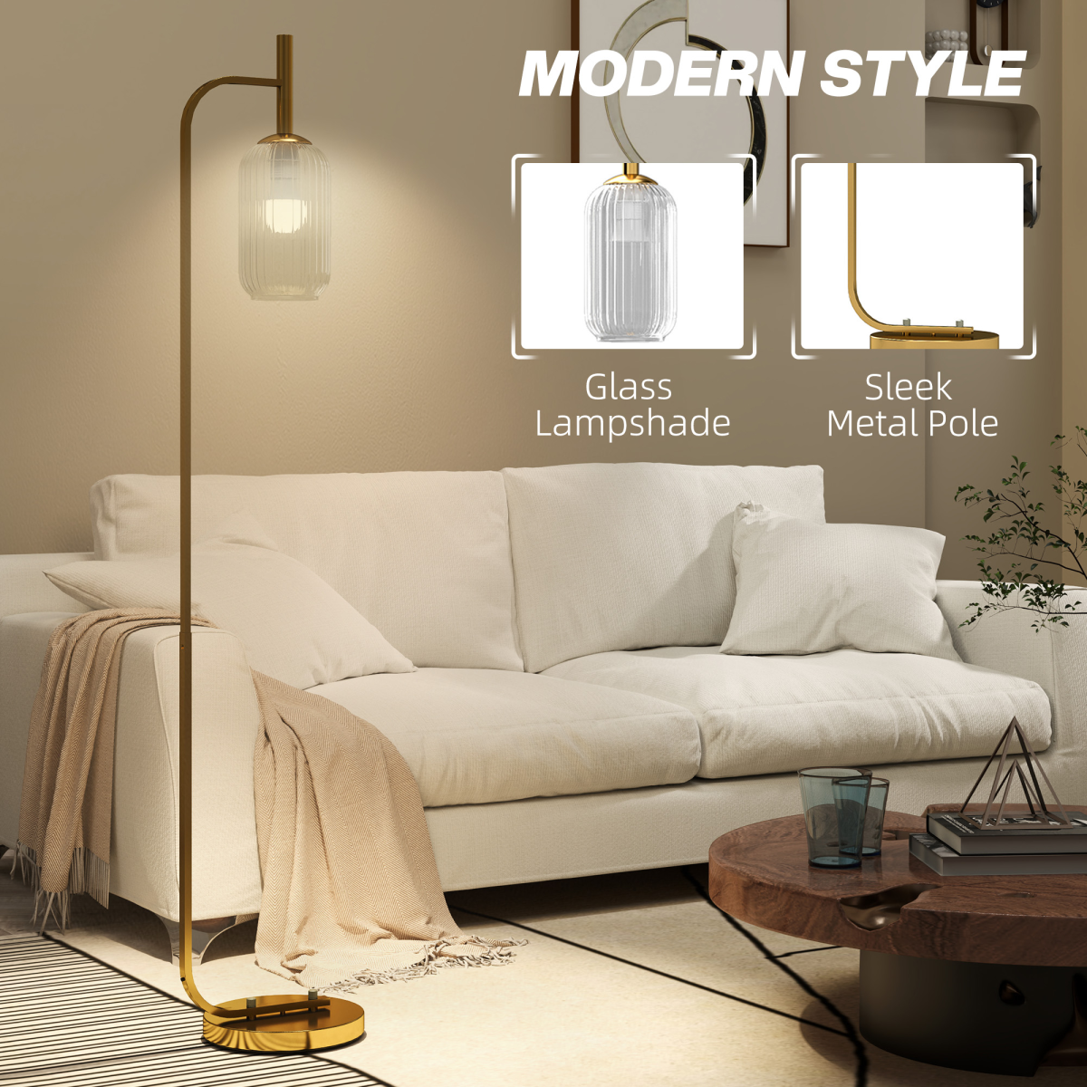 HOMCOM Modern Floor Lamp with Glass Shade and Foot Switch