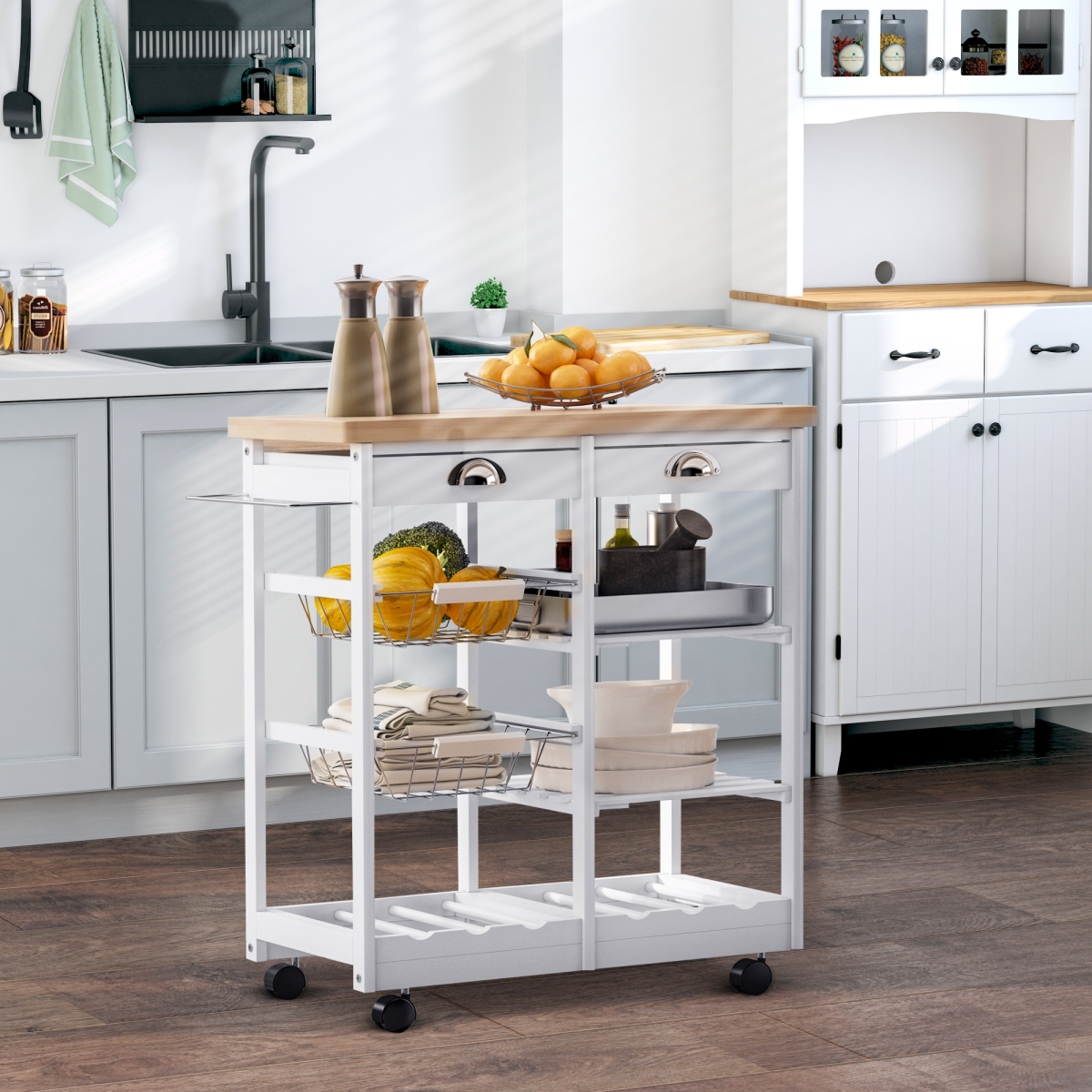 HOMCOM Kitchen Island with 2 Drawers, Pull-Out Shelves, Wire Baskets, Wine Rack and Wheels, 74 x 37 x 76 cm, White