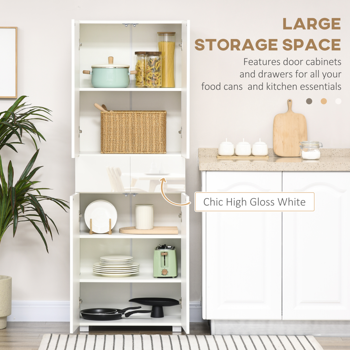 4-Door White Freestanding Kitchen Storage Cabinet with Shelves & Drawers