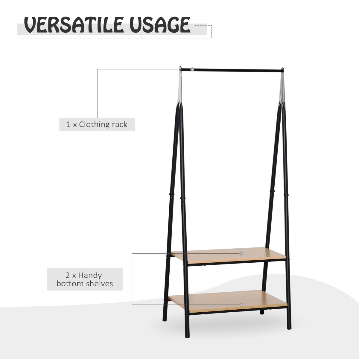 HOMCOM 2-Tier Garment Rack with 2 MDF Bottom Shelves, 149 cm H, Black/Wood Grain