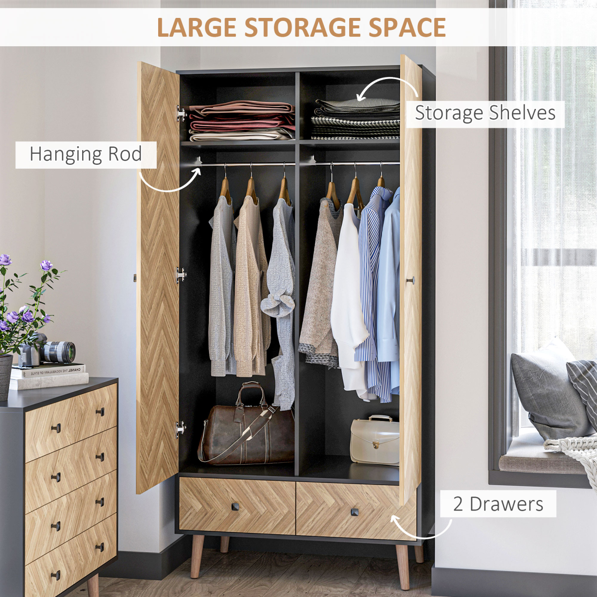 HOMCOM Wardrobe Cabinet with 2 Hanging Rods, 2 Shelves and 2 Drawers, Wood Grain Grey/Oak, 90x50x190cm