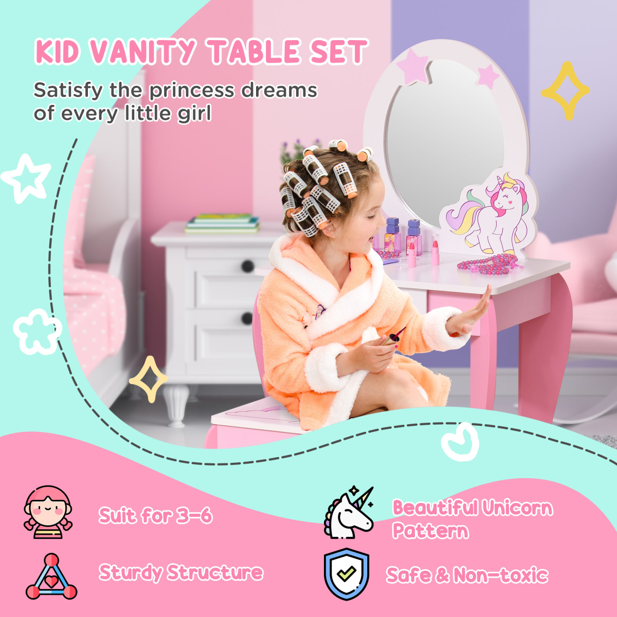 HOMCOM Kids Vanity Dressing Table Set with Mirror, Stool, Unicorn Design