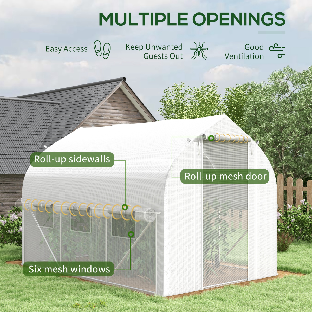 Outsunny 3 x 2m White Polytunnel Greenhouse with Roll-Up Sides, Mesh Door