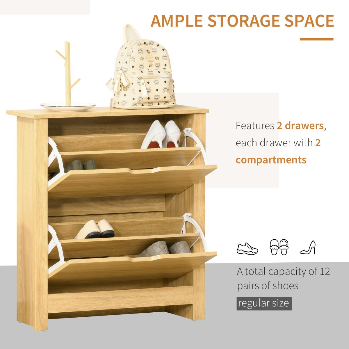 12-Pair Shoe Storage Cabinet with 2 Drawers, 4 Shelves and Tabletop, Brown