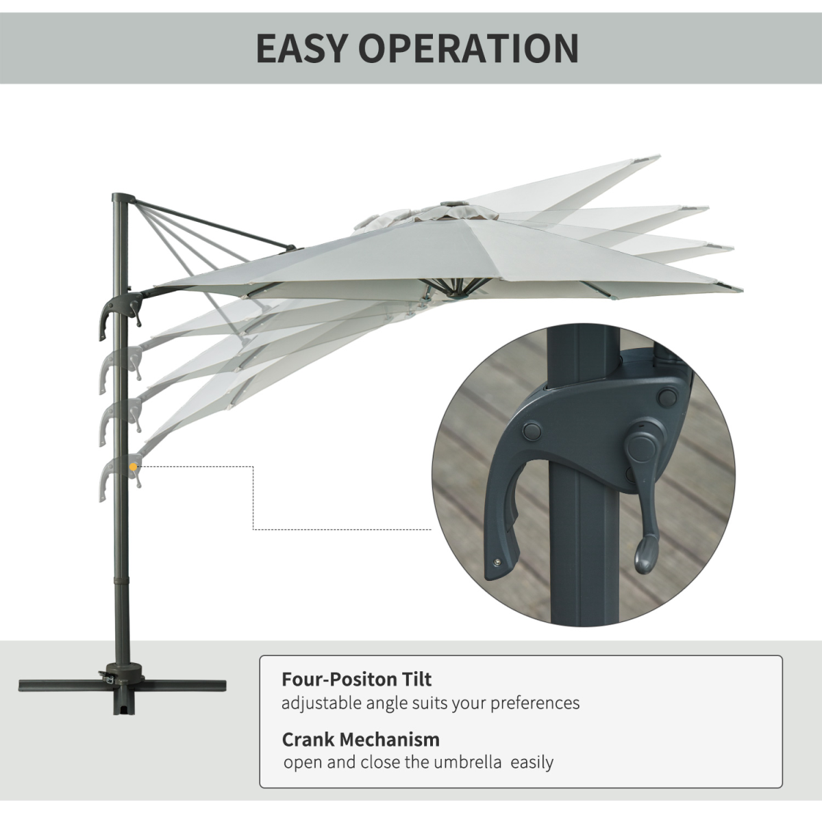 3m Cantilever Roma Patio Parasol with LED Solar Light, Grey