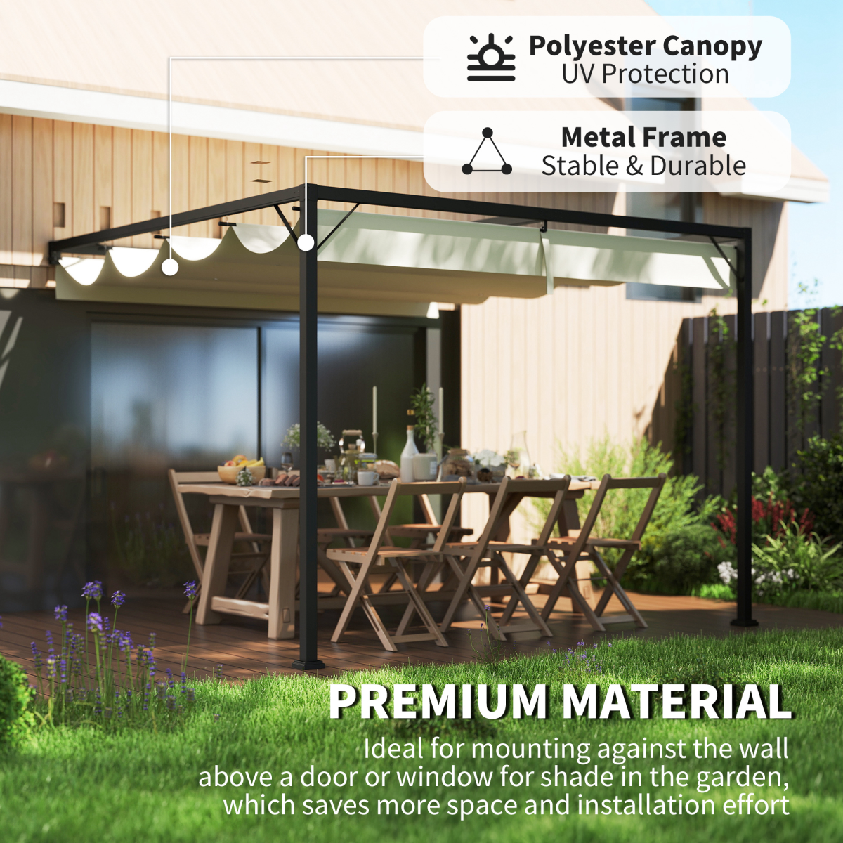Outsunny 3x3m Wall-Mounted Pergola with Retractable Canopy, Cream White