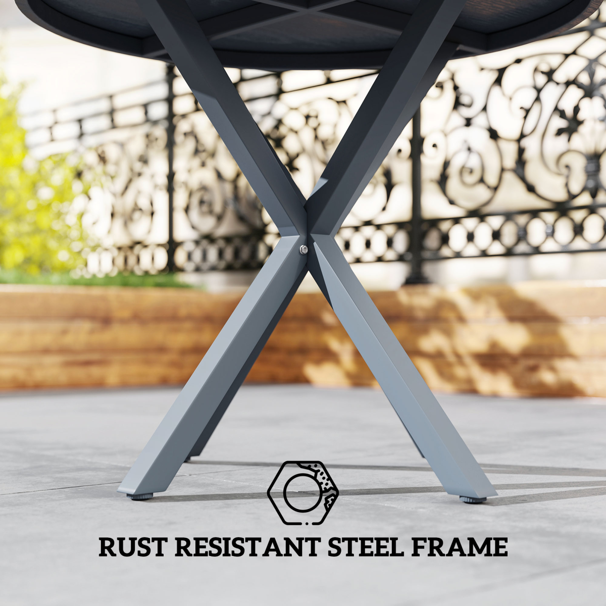 Outsunny Round Garden Table, Steel Frame, Wood-Effect Top, Dark Grey