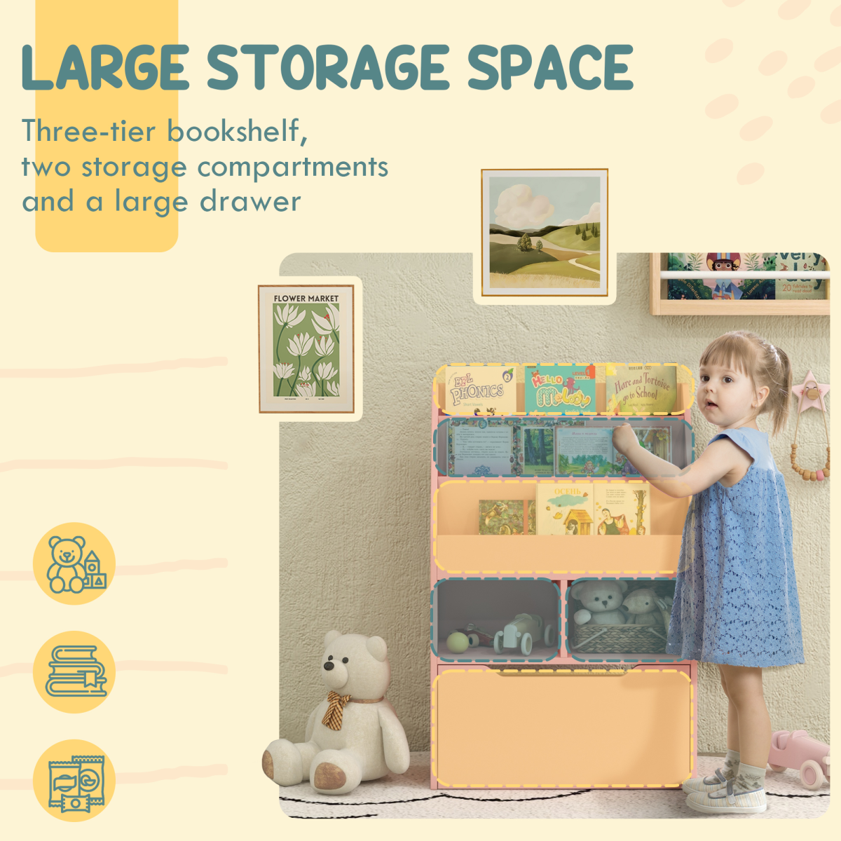 HOMCOM Kids Bookcase with Toy Storage, Drawer & Wheels, Pink