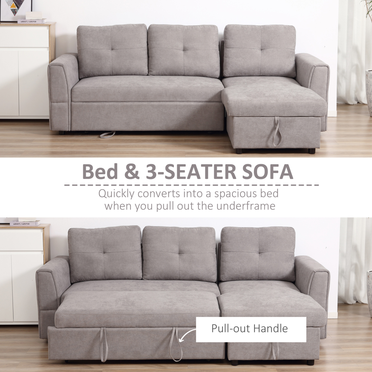 Linen-Look L-Shaped Sofa Bed with Storage, Grey