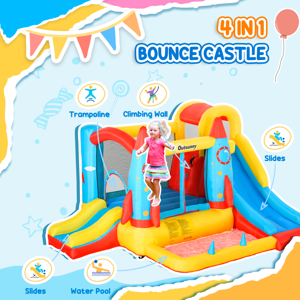 Inflatable Bouncy Castle with Slide, Pool, Trampoline & Blower