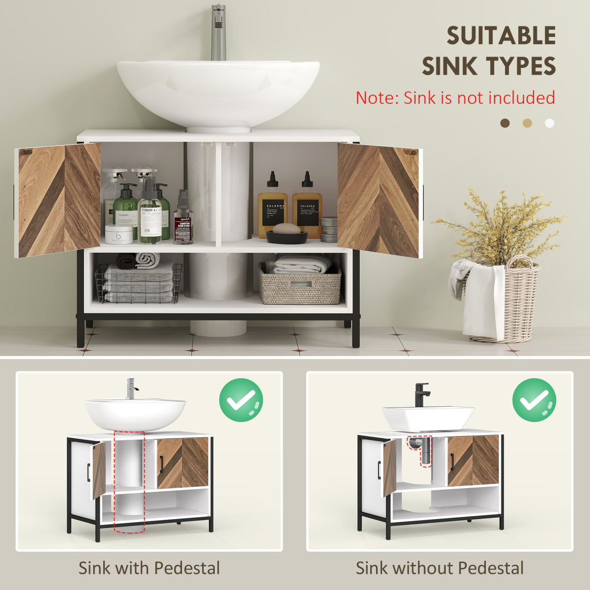HOMCOM Cream Bathroom Under Sink Cabinet with U-Cut Out