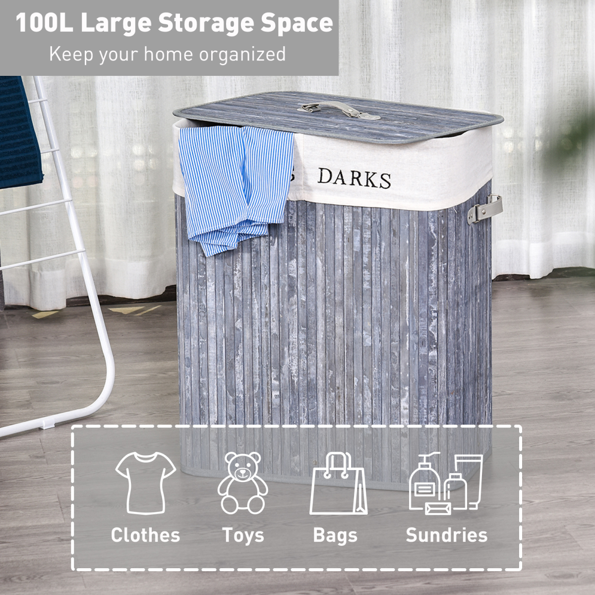 HOMCOM Bamboo Laundry Hamper, Large Double Section, Removable Washable Lining, PU Handles