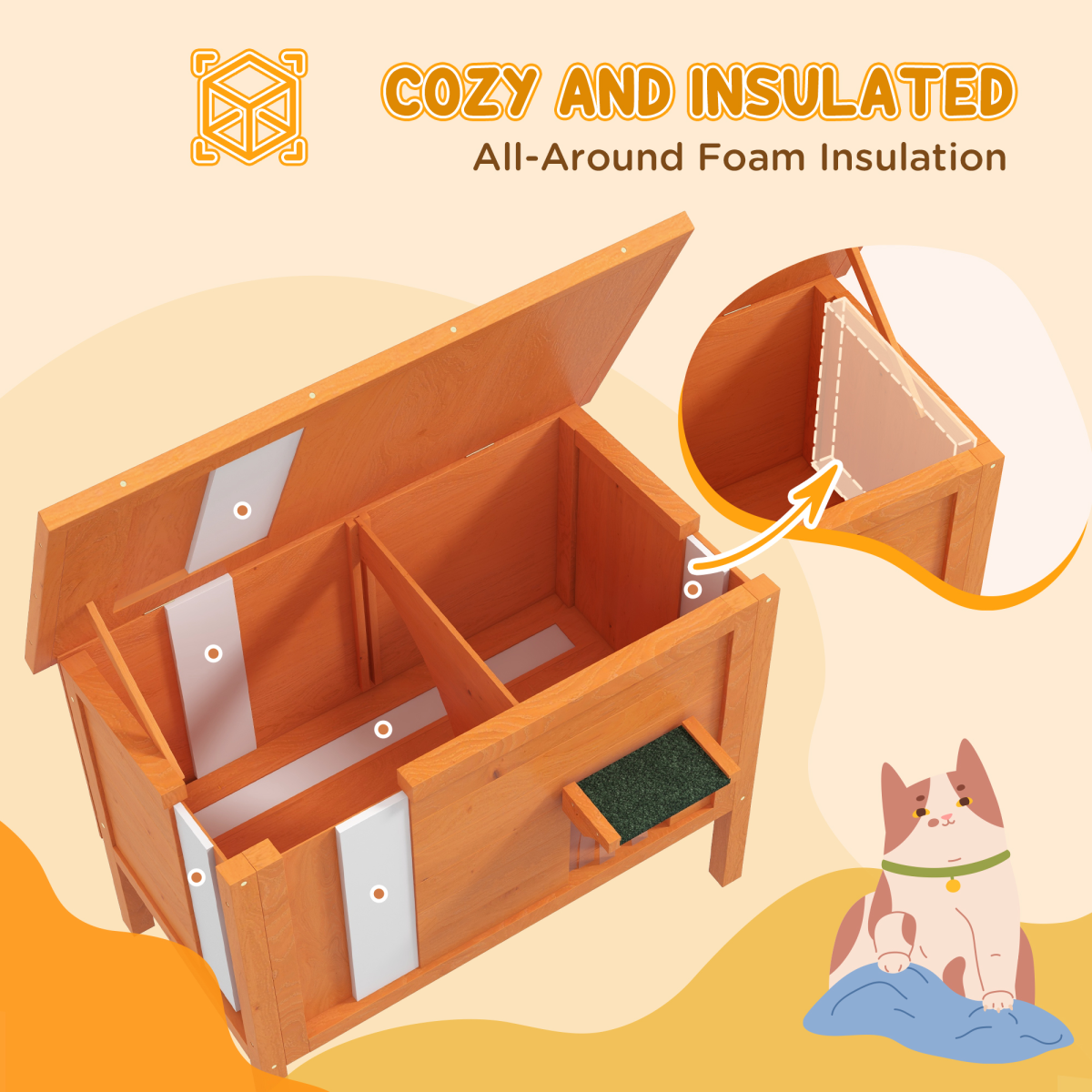 PawHut Outdoor Insulated Feral Cat House with Openable Roof, Orange
