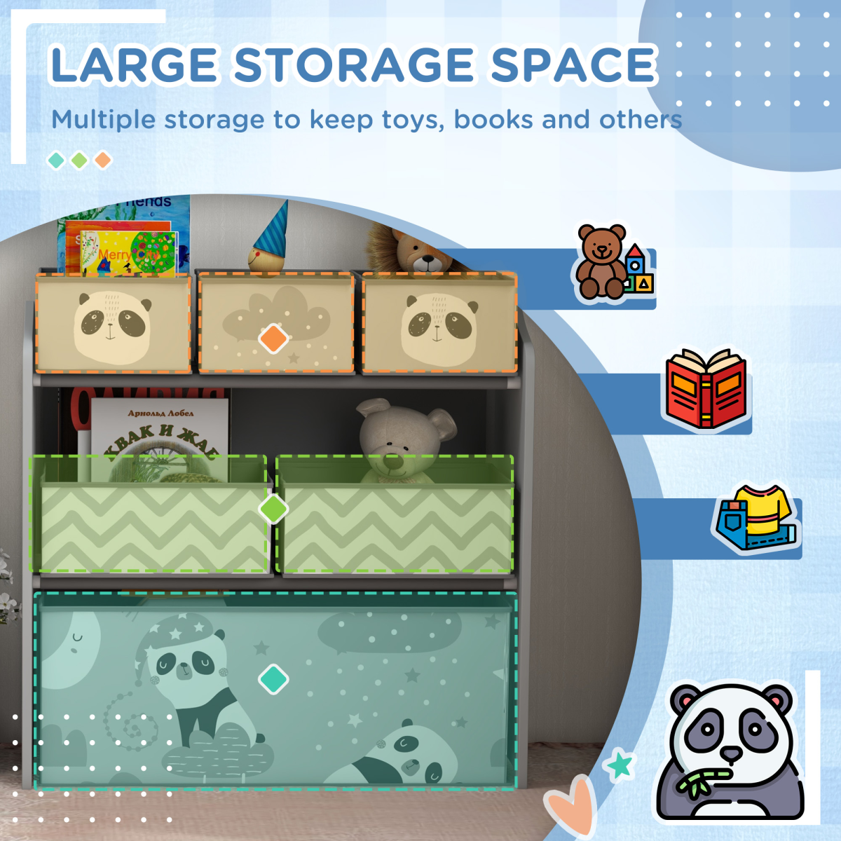 ZONEKIZ Kids Storage Unit with 6 Boxes, Grey Toy Organiser