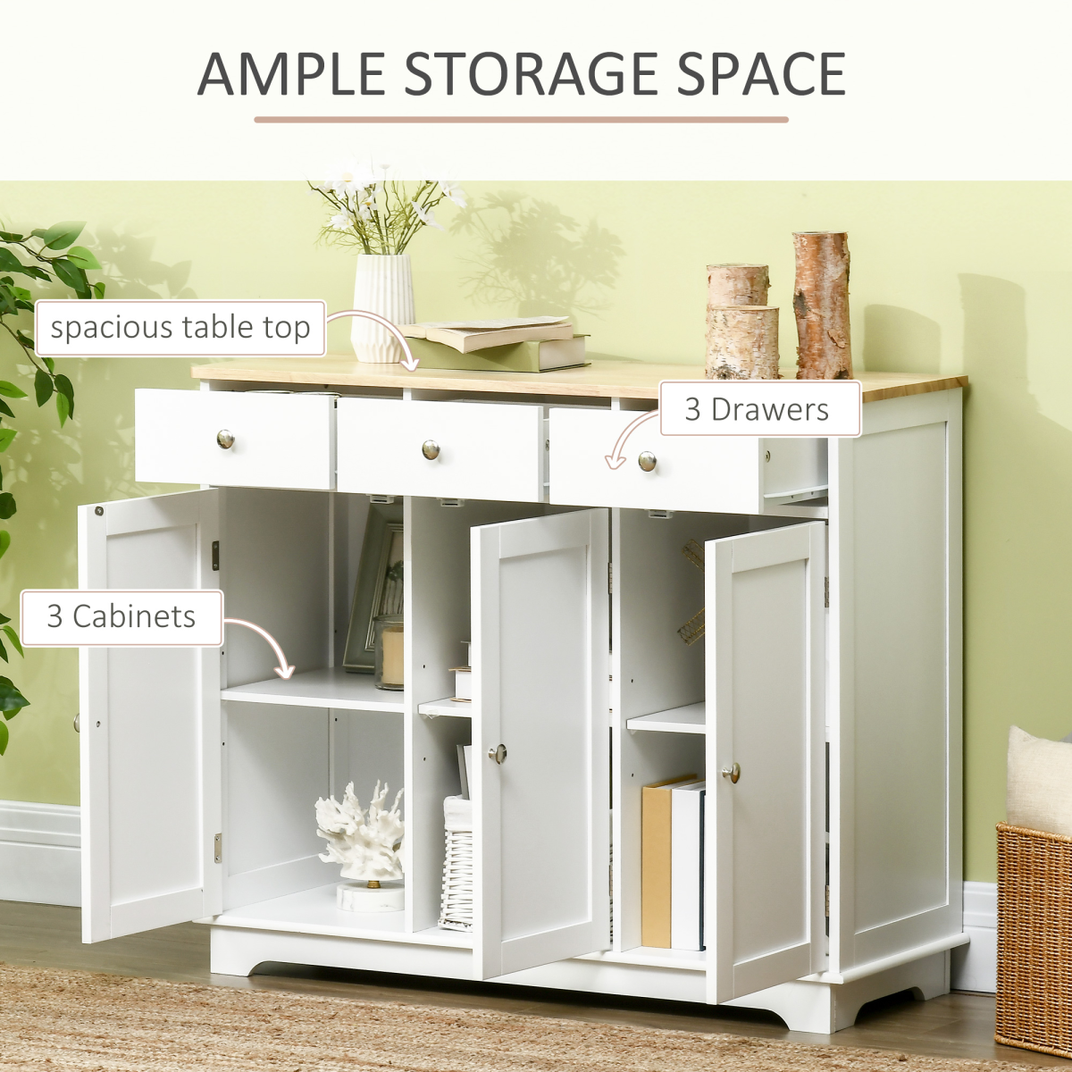 HOMCOM White Sideboard with Rubberwood Top, 3 Storage Cabinets, 3 Drawers, Adjustable Shelves