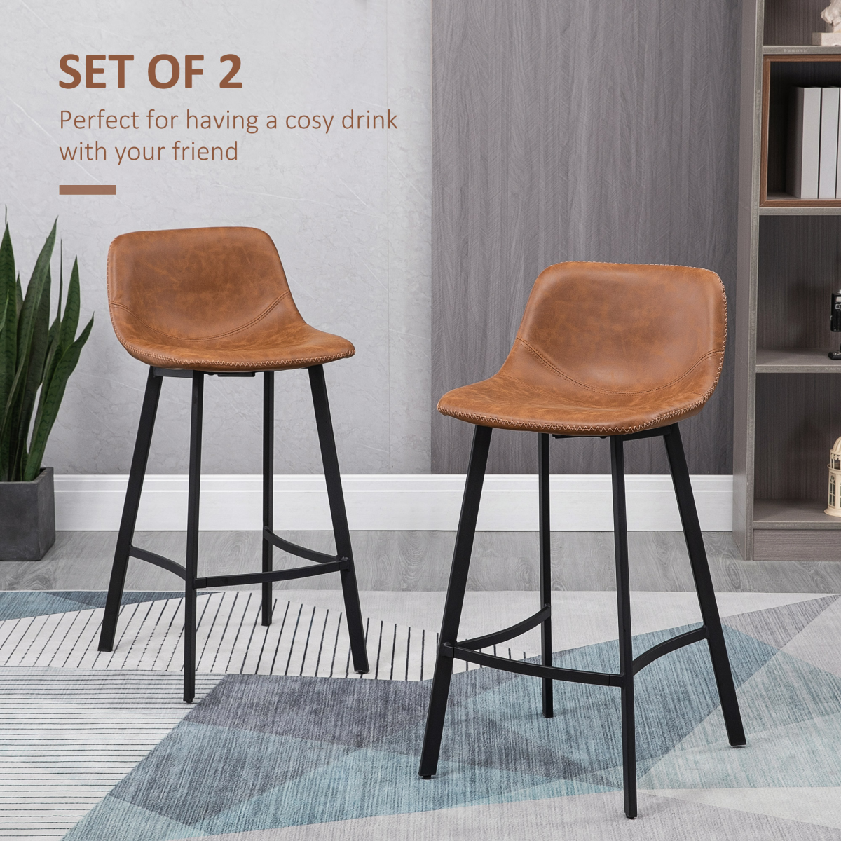 HOMCOM Set of 2 Industrial Bar Stools with Steel Legs and Faux Leather Seats, Brown