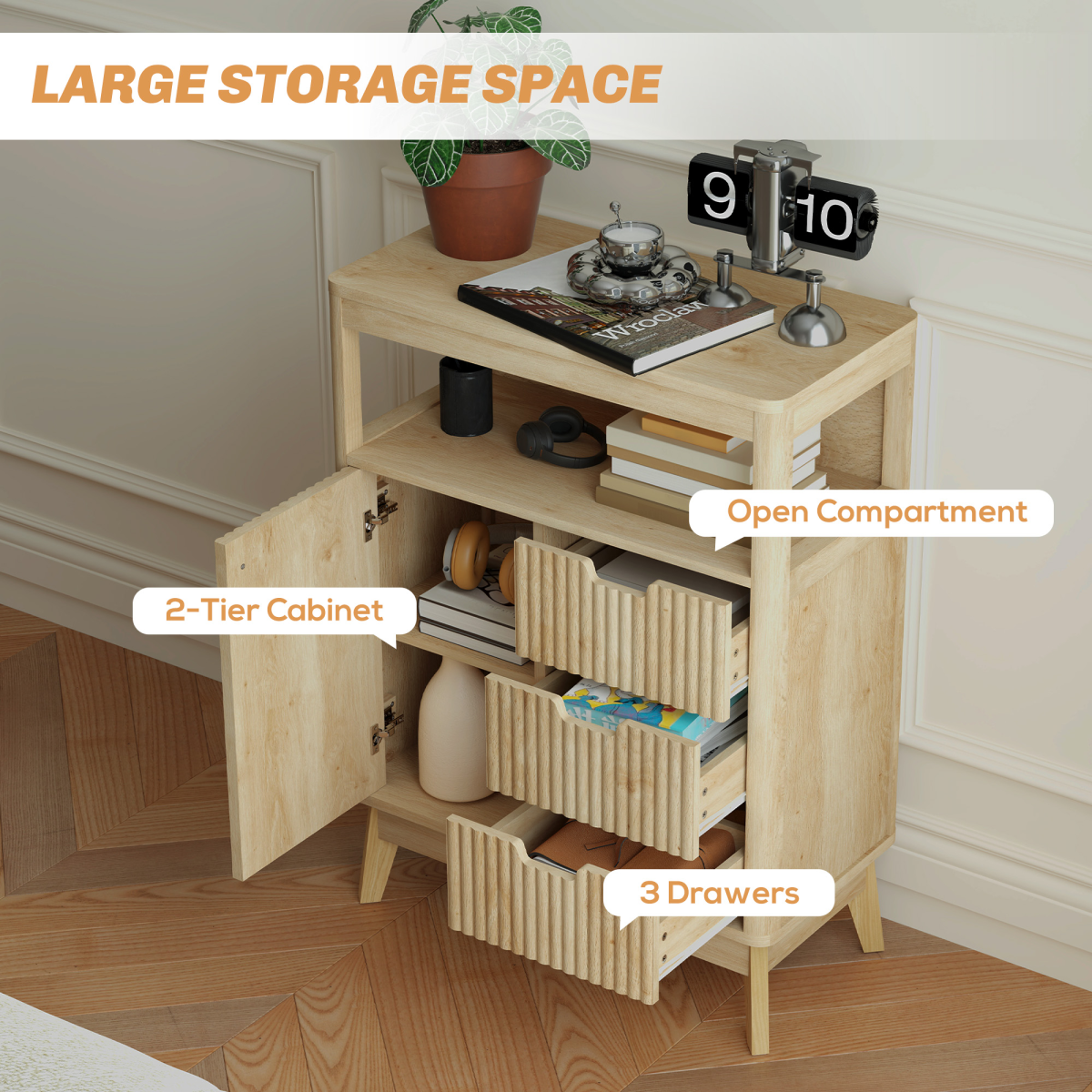 HOMCOM Modern Fluted Sideboard Storage Cabinet with Drawers