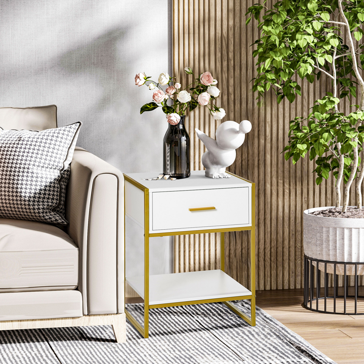 Modern White and Gold Bedside Table Nightstand with Drawer and Shelf