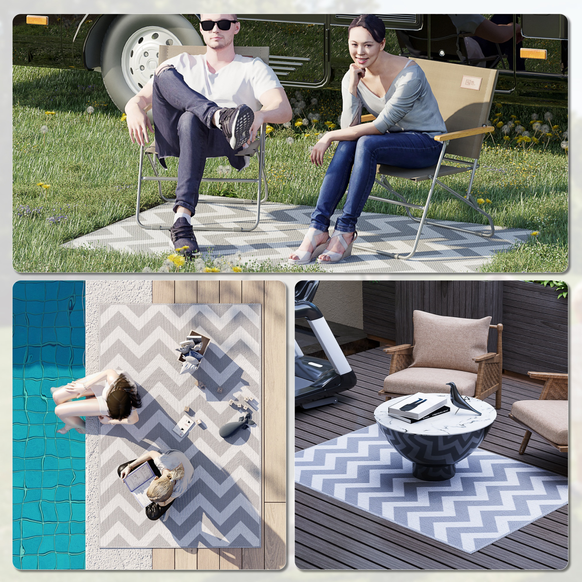 Outsunny Reversible Outdoor Rug, Foldable Patio Mat, Grey/White