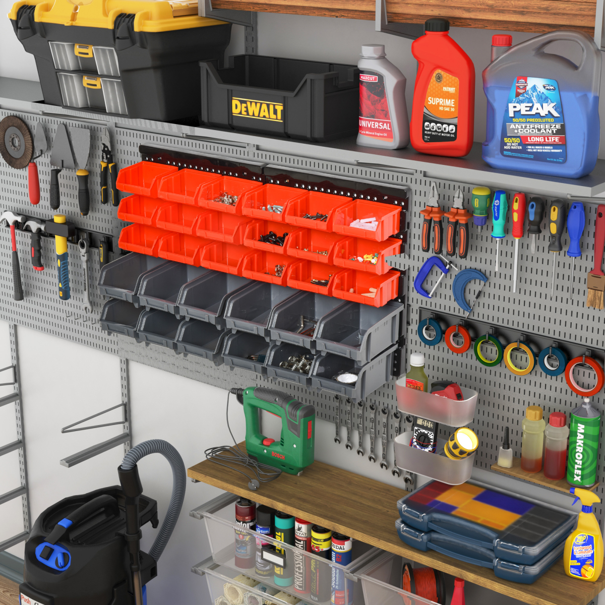 DURHAND Wall Mounted Plastic 30-Compartment Tool Hardware Organiser with Pegboard and Storage Cubbies