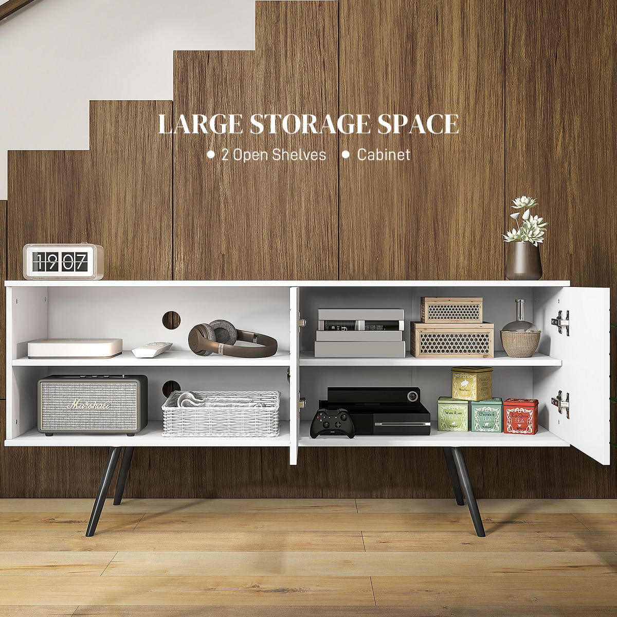 HOMCOM White TV Unit for 65" TVs with 2 Shelves, Door & Cable Holes