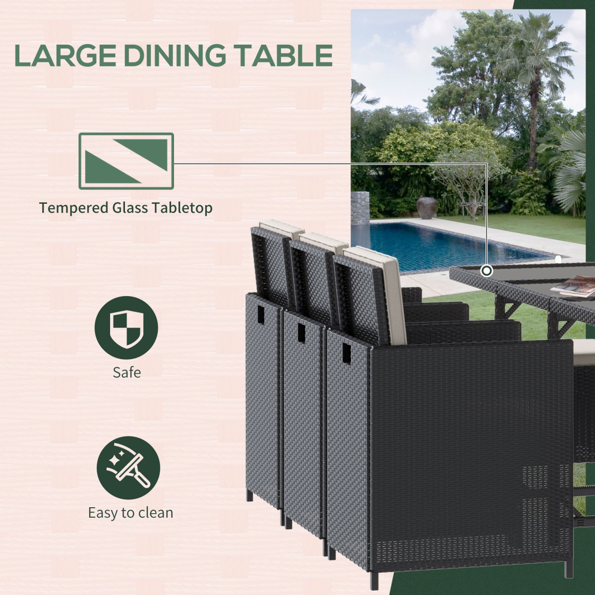 Outsunny 11-Piece Black Rattan Dining Set with Glass Table