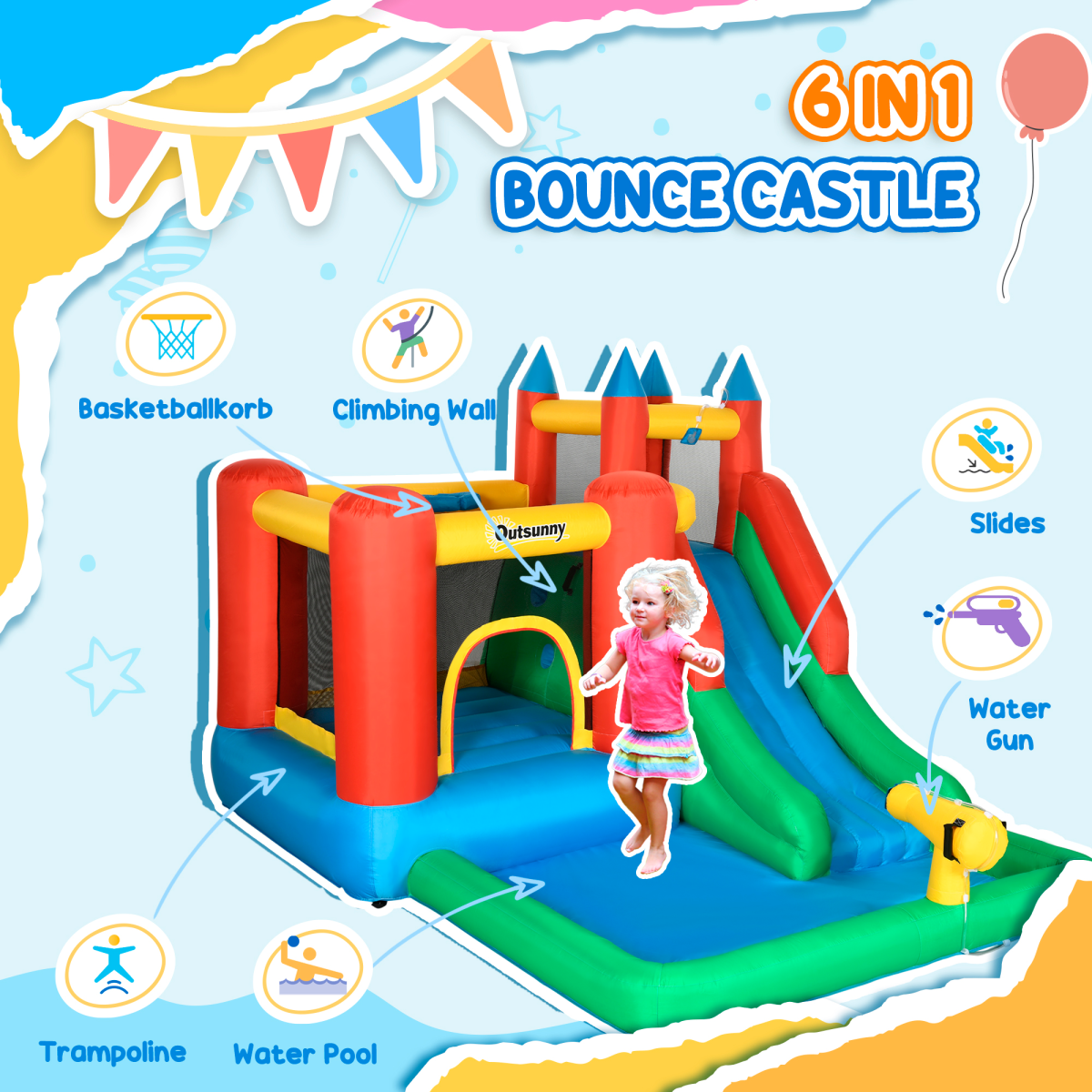 Outsunny Kids Bouncy Castle with Slide, Water Pool, Climbing Wall, Trampoline, Basket, Water Gun and Electric Blower