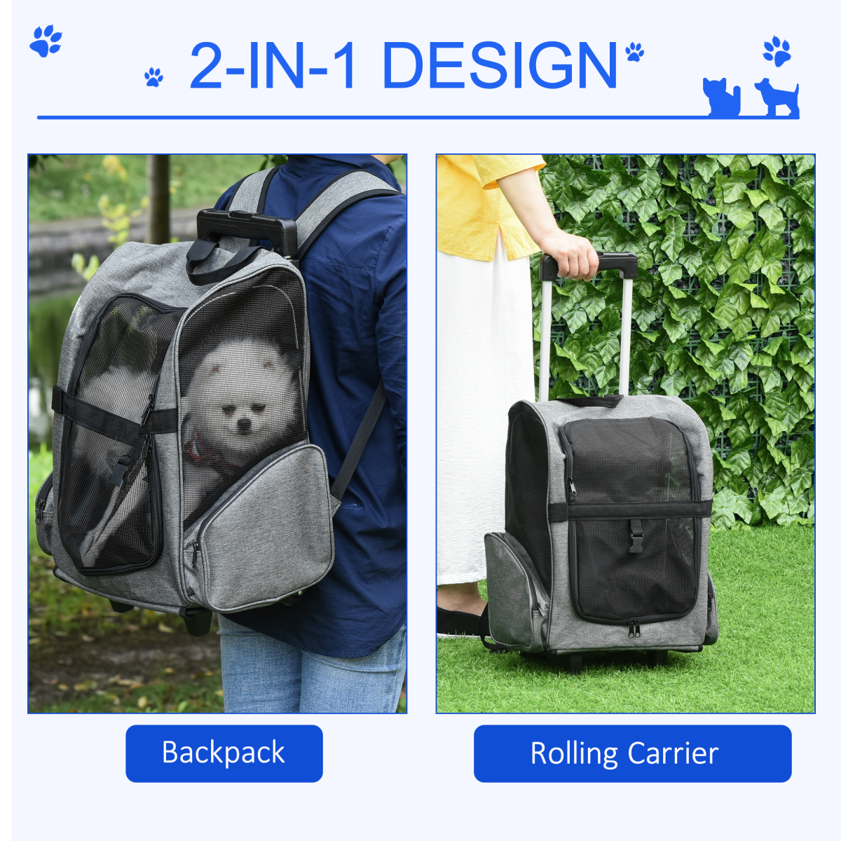 Pawhut 2-in-1 Pet Travel Backpack Carrier with Trolley, Telescopic Handle, Detachable Wheels, Grey