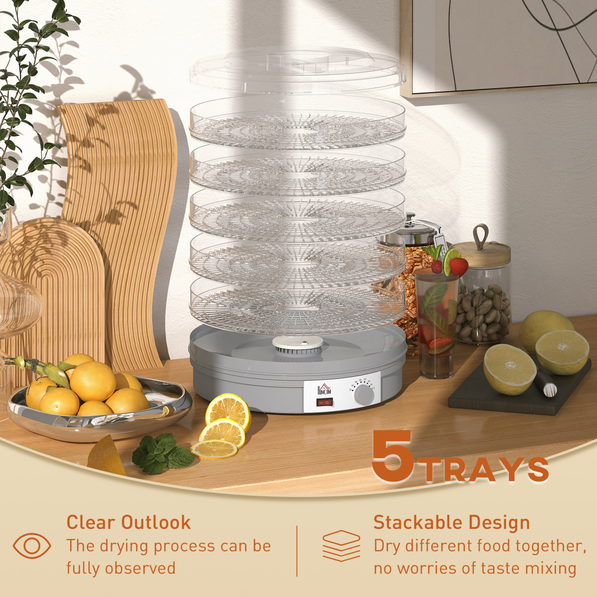 HOMCOM 5-Tier Food Dehydrator, Adjustable 35-70°C, Grey