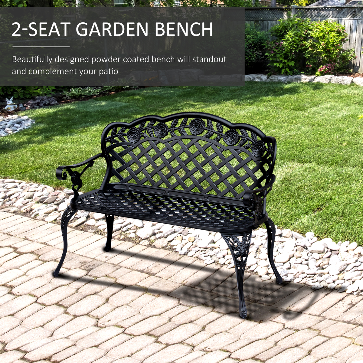 Outsunny Antique Style Cast Aluminium Garden Bench, Black, 107 x 58 x 85 cm