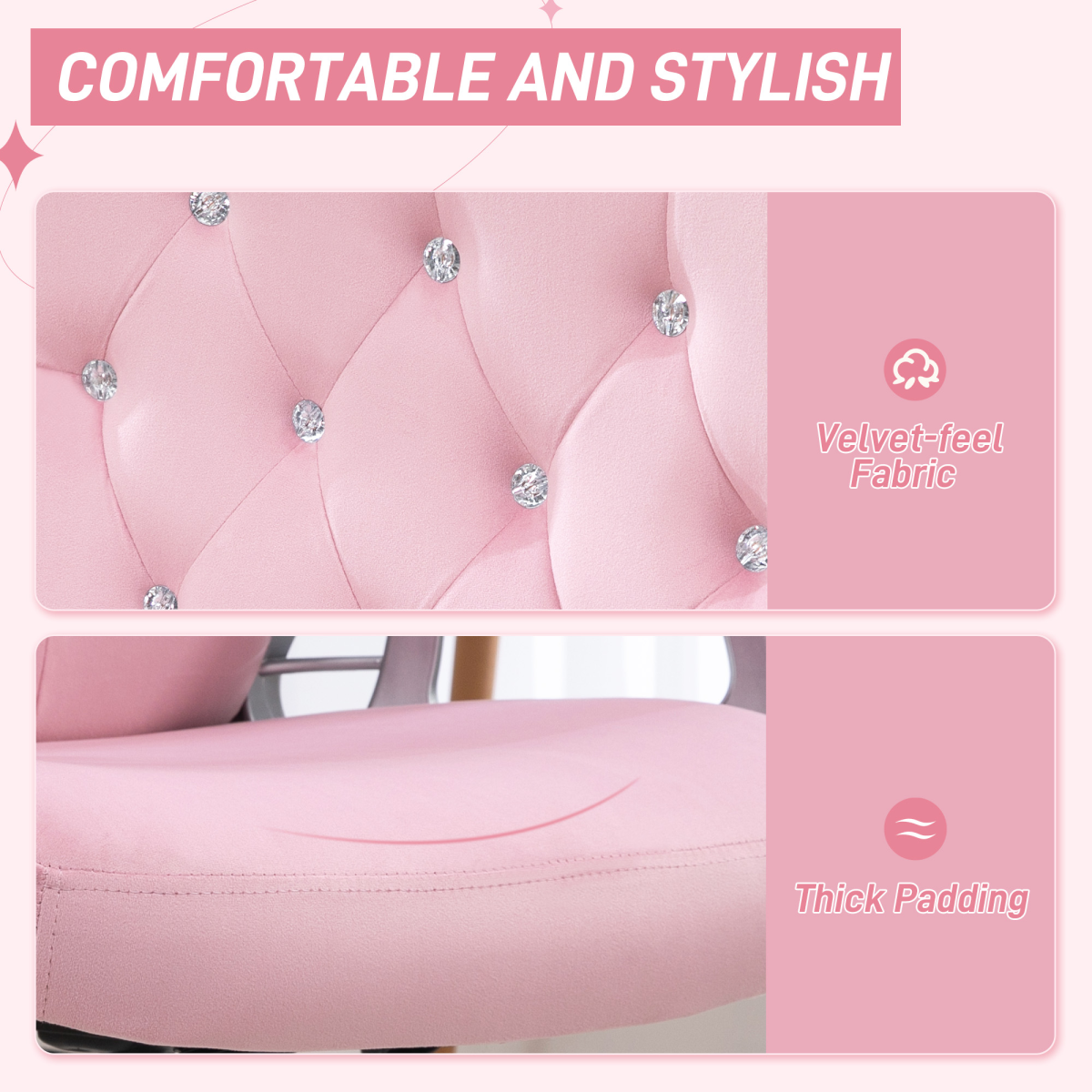 Vinsetto Pink Velvet-Feel Home Office Chair with Adjustable Height & Tilt