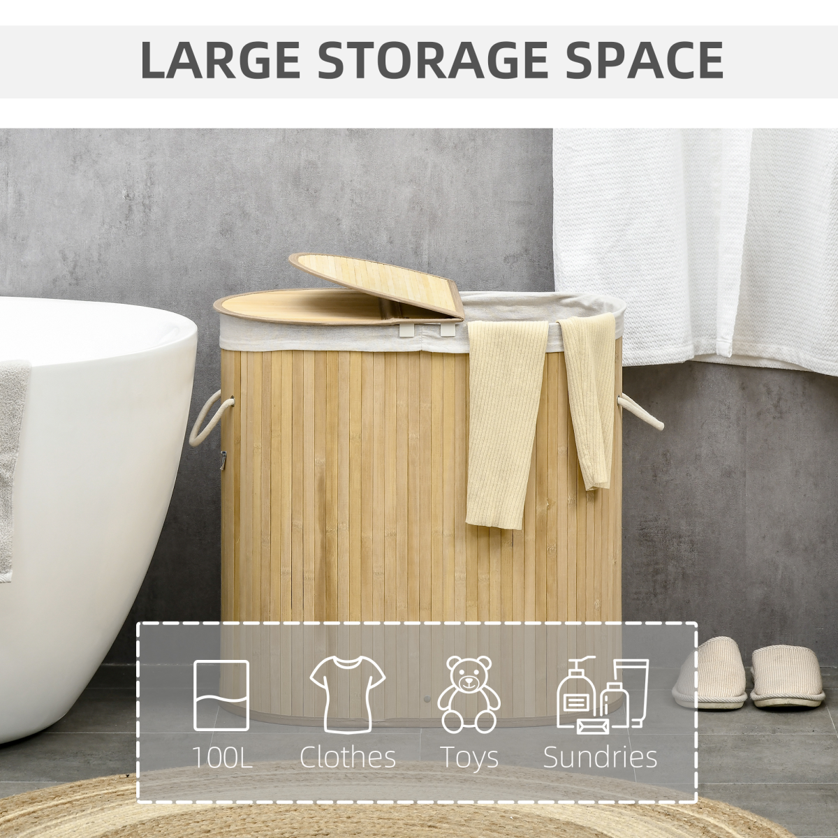100L Bamboo Laundry Basket with Lid, 2 Compartments and Removable Lining, Natural