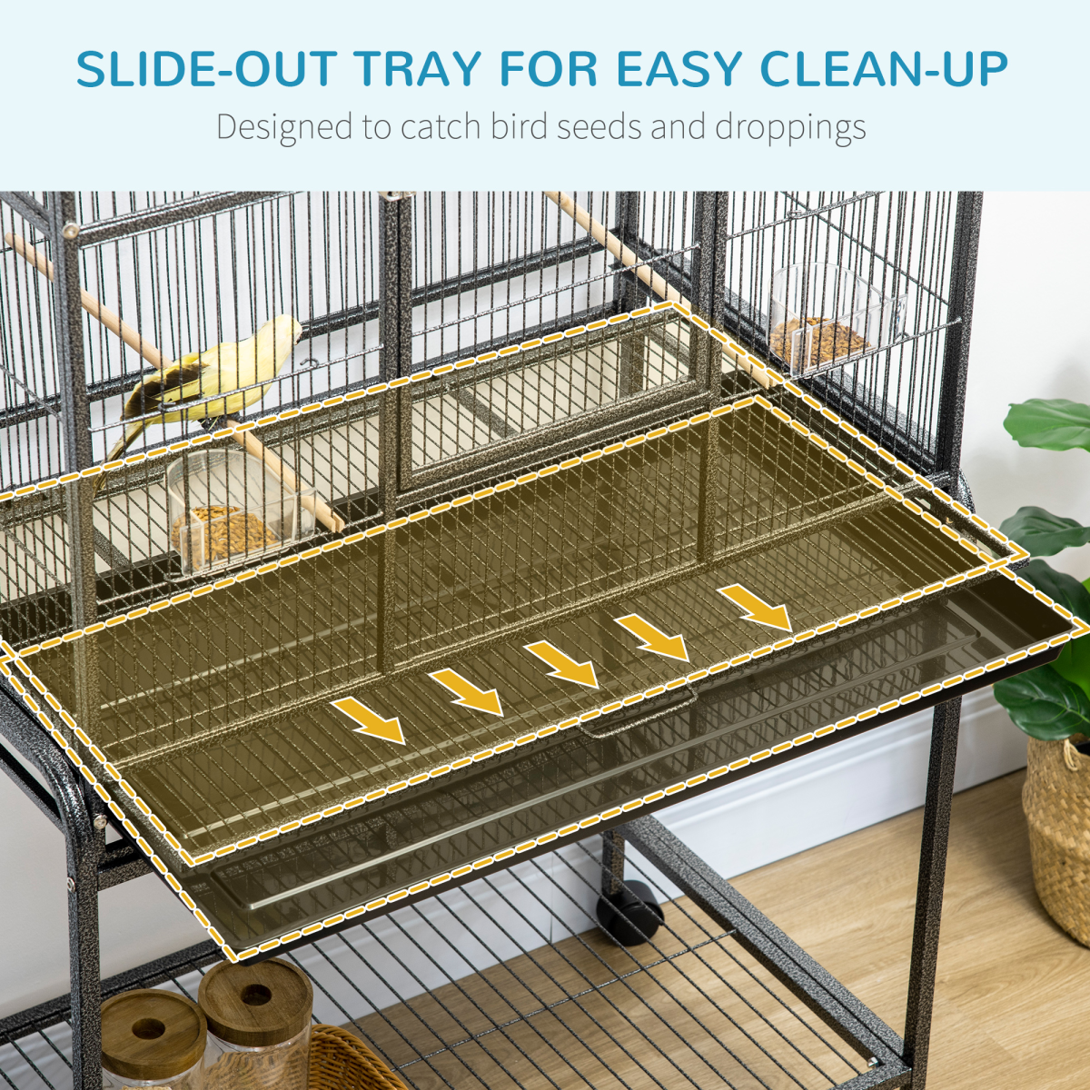 Pawhut Rolling Bird Cage with Detachable Stand, Storage Shelf, Wooden Perches, Food Containers