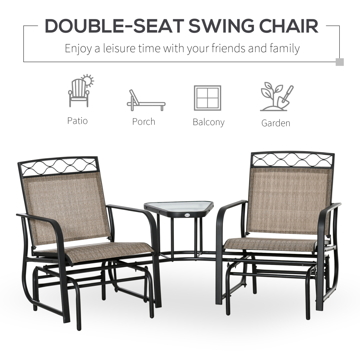 Outsunny 2 Seater Patio Rocking Chairs Set with Tempered Glass Table, Brown