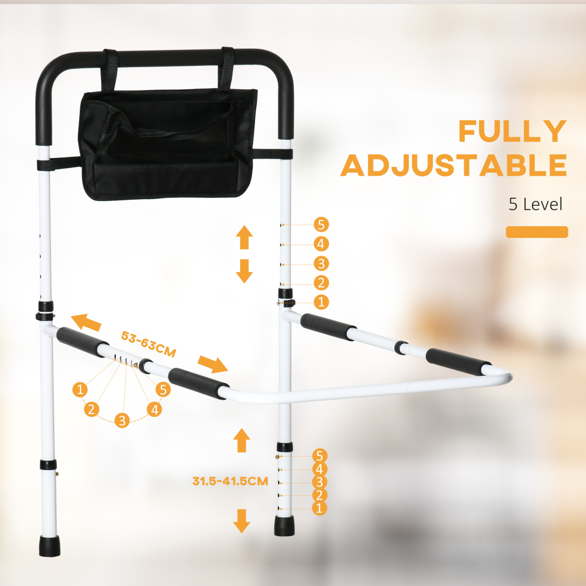 HOMCOM Adjustable Bed Assist Rail Grab Bar with Side Pocket, Steel Frame, White