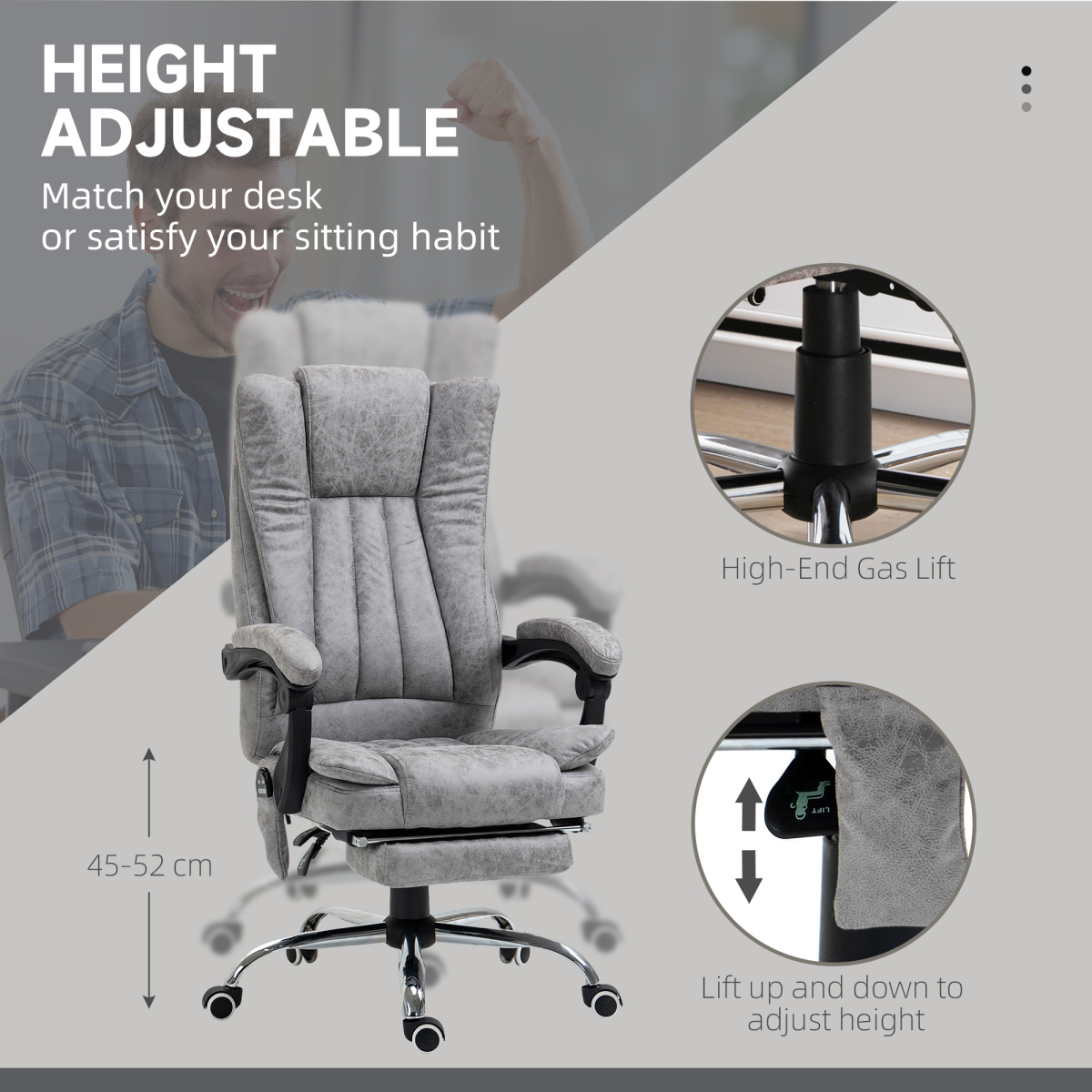 6-Point Vibrating Massage Office Chair w/ Microfibre Upholstery Arms Grey