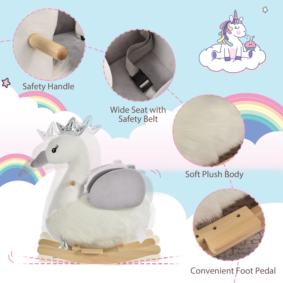 HOMCOM Kids Ride-On Rocking Swan with Sound, Seat Belt & Plush Seat